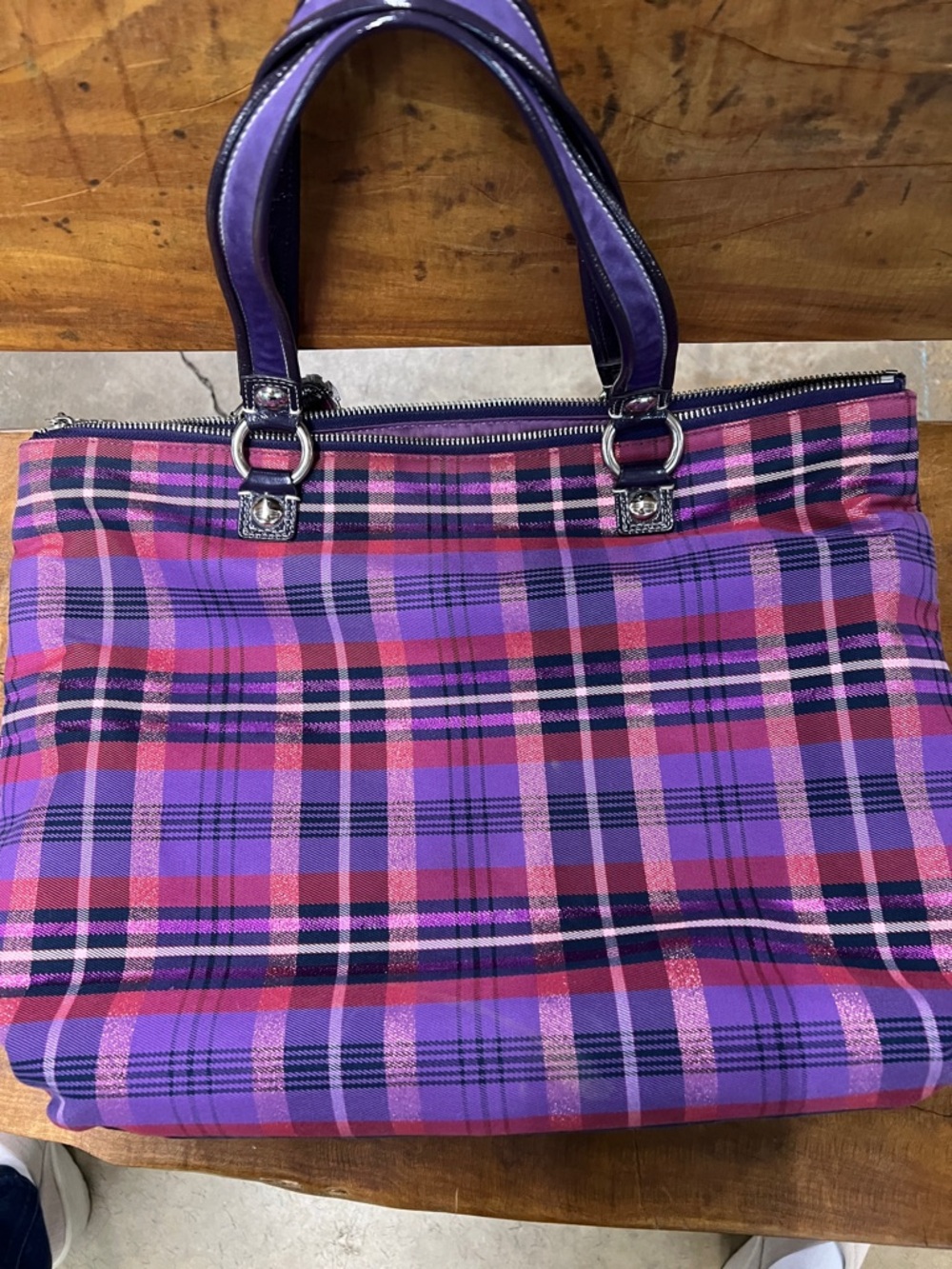Coach Purple Plaid Poppy Tote with Pink Accents - Picture 6 of 15